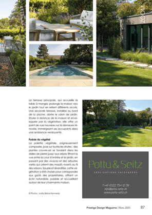 Une page de magazine avec plusieurs images de jardins et de piscines, du texte en français, et une publicité pour une entreprise de paysagisme.