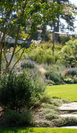 Jardin verdoyant avec des arbres, des buissons et un chemin en pierre menant à une pelouse.