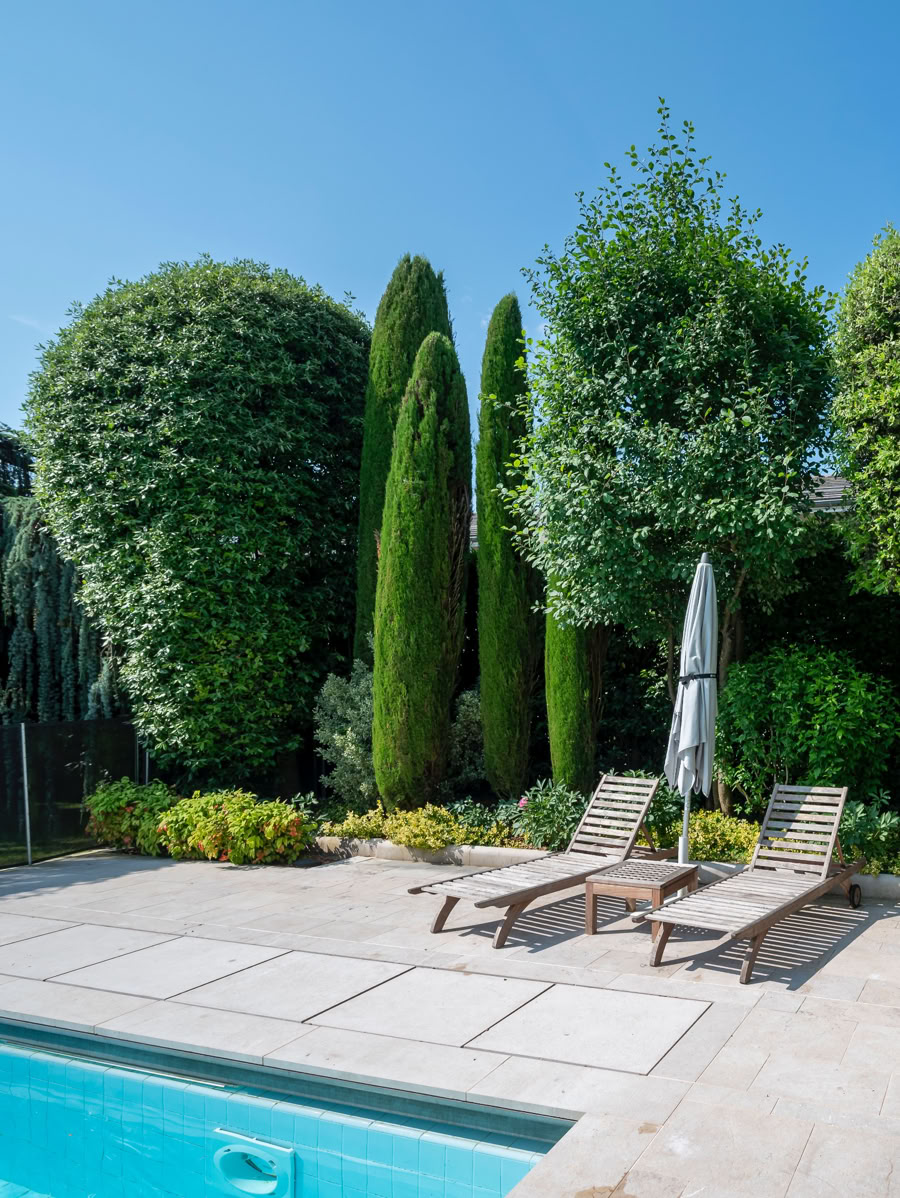 Piscine extérieure avec deux chaises longues et un parasol, entourée de grands arbres et de buissons sous un ciel bleu.