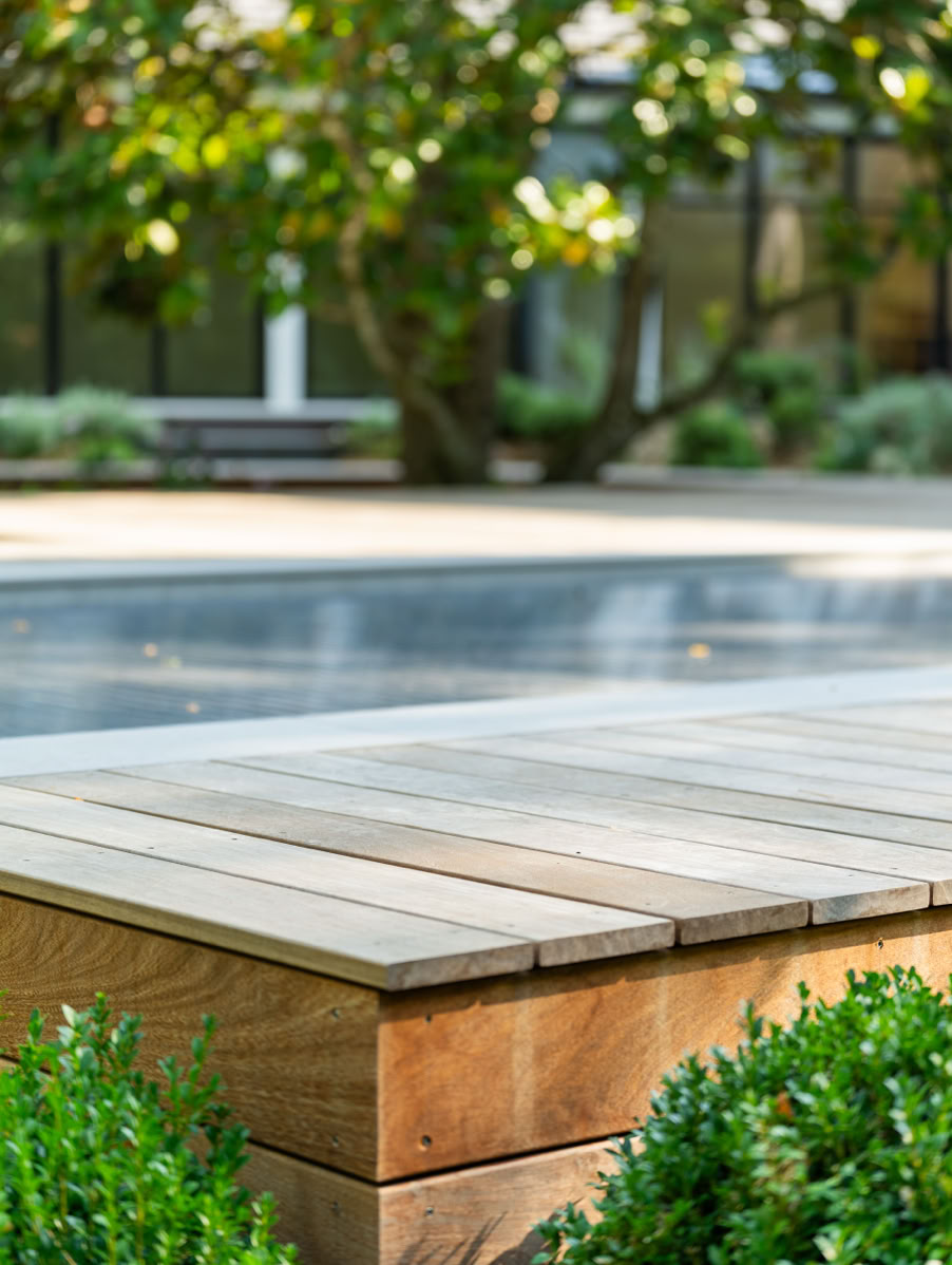 Terrasse en bois avec piscine en arrière-plan, entourée de verdure et d'arbres.